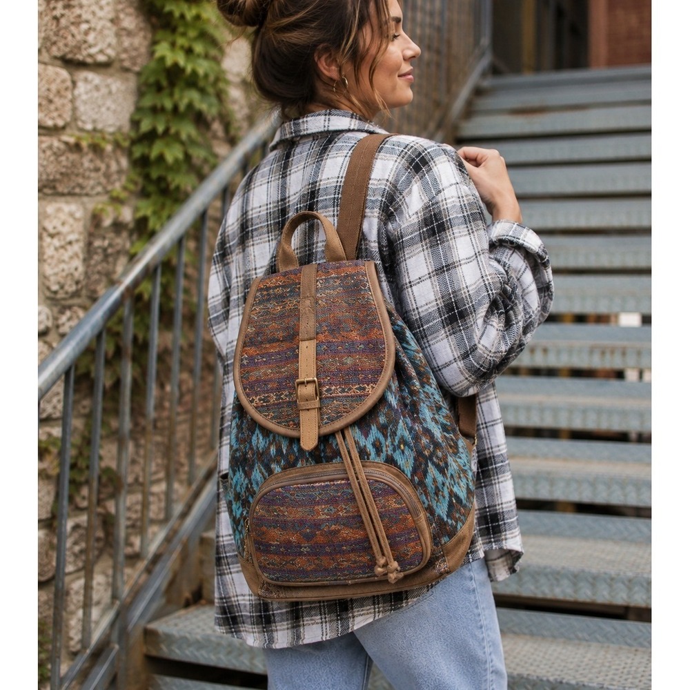 TOMS Ikat Southwestern Canvas Drawstring Backpack Teal Brown Boho Festival Bag